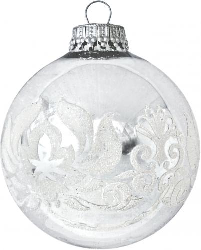 Silber glanz 7cm Glaskugel mit weißem Glitter-Lotusband