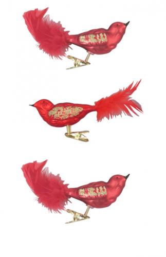 Weihnachtsrot/Satinrot 11cm Glasvögel auf Clip mundgeblasen, handekoriert mit 5cm Federschwanz