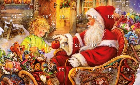 Mini-Adventskalender - Weihnachtsmann mit Mädchen mit 8 Glas-Figuren, 8 Unikugeln aus Glas, 8 Glas-Formen 3cm
