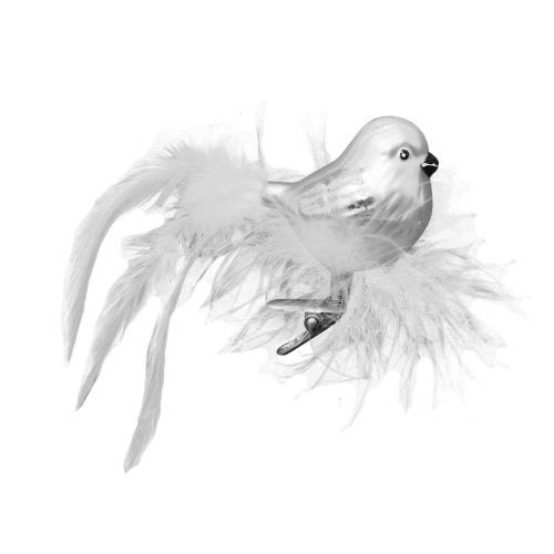 Silberpearl 15cm Glasvogel auf Clip mit Federschwanz im Federnest mundgeblasen und handdekoriert