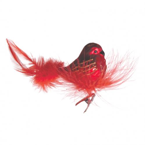 Rot matt 15cm Glasvogel auf Clip mit Federschwanz im Federnest mundgeblasen und handdekoriert