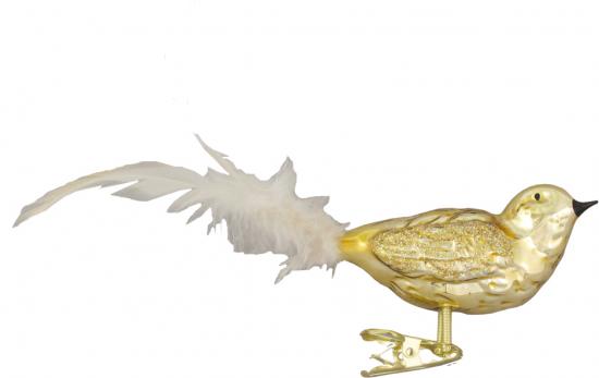 Gold glanz 11cm Glasvogel auf Clip mundgeblasen, handdekoriert mit beigem 6cm Federschwanz