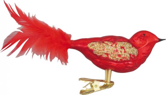 Rot glanz 11cm Glasvogel auf Clip mundgeblasen, handdekoriert mit rotem 6cm Federschwanz