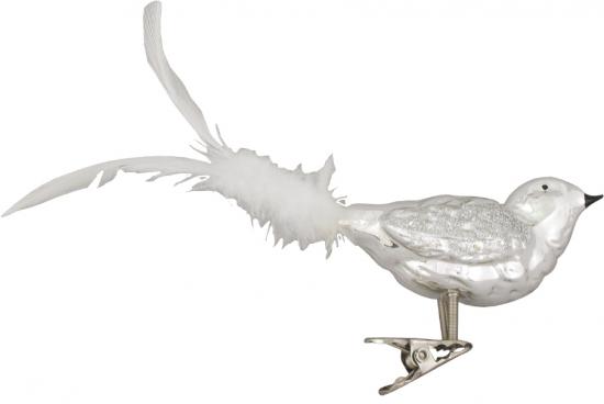 Silber glanz 11cm Glasvogel auf Clip mundgeblasen, handdekoriert mit weißem 6cm Federschwanz