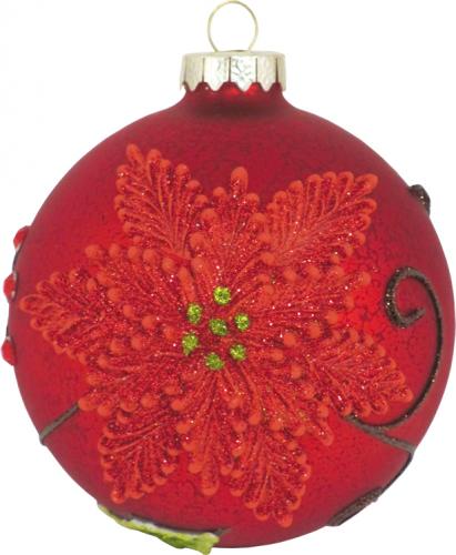 Rot matt 10cm Glaskugel mit 3D-Weihnachtsstern und Efeu handdekoriert (1 Stück)