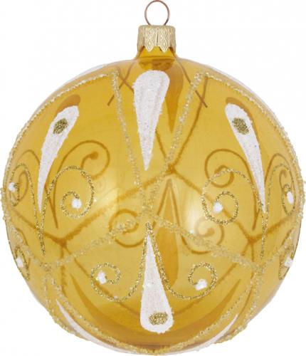 Elfenbeinfarbige 10cm Glaskugel mit gold-weiß Design, mundgeblasen, handdekoriert (1 Stück)