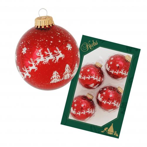 Weihnachstrot glanz 7cm Glaskugel mit weier Banddeko Santa mit seinen Rentieren