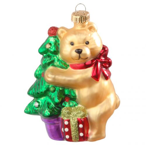 Bär mit Geschenkbox und Baum 10cm, Glasornament, mundgeblasen und handdekoriert