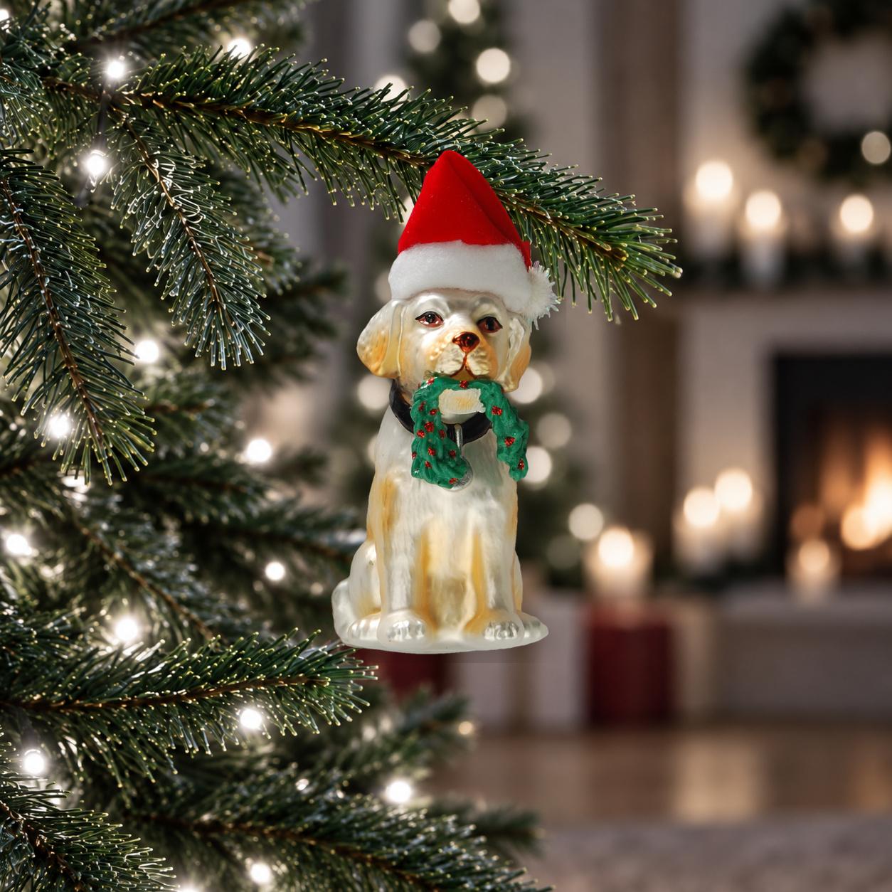 Baumschmuck H�ndin Emma mit Weihnachtsm�tze Goldfarbig 10cm
