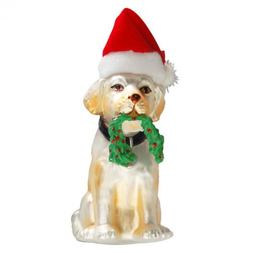 Hund mit Weihnachtsmtze 9cm, Glasornament, mundgeblasen und handdekoriert