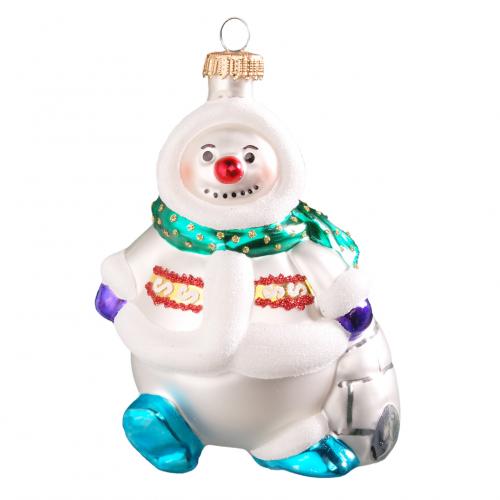 Wei/Blau 11cm Schneemann mit Schal, Glasornament, mundgeblasen und handdekoriert