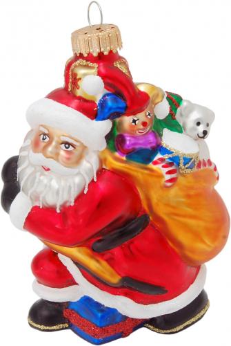 Multicolor 10cm Weihnachtsmann mit Geschenksack, Glasornament, mundgeblasen und handdekoriert