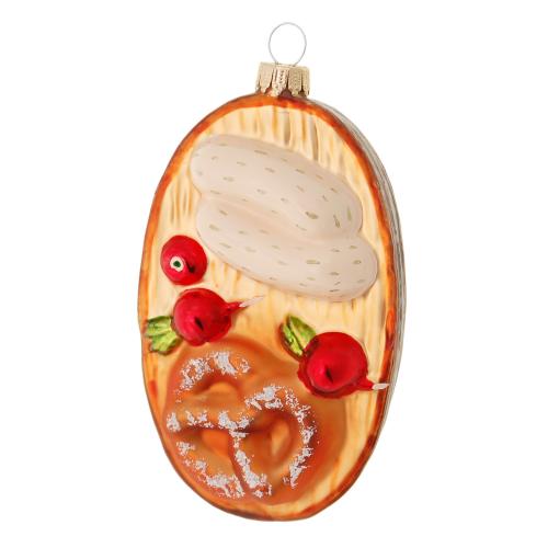 Multicolor 10cm Weiwurst mit Bretzl, Glasornament, mundgeblasen und handdekoriert