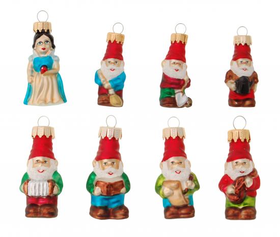 Multicolor 7cm Mini Märchenfiguren, Schneewittchen und die 7 Zwerge, Glasornamente, mundgeblasen und handdekoriert