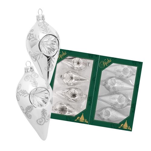 Silber/Porzellanwei 10cm Reflextropfen aus Glas, 2-fach, mundgeblasen, handdekoriert