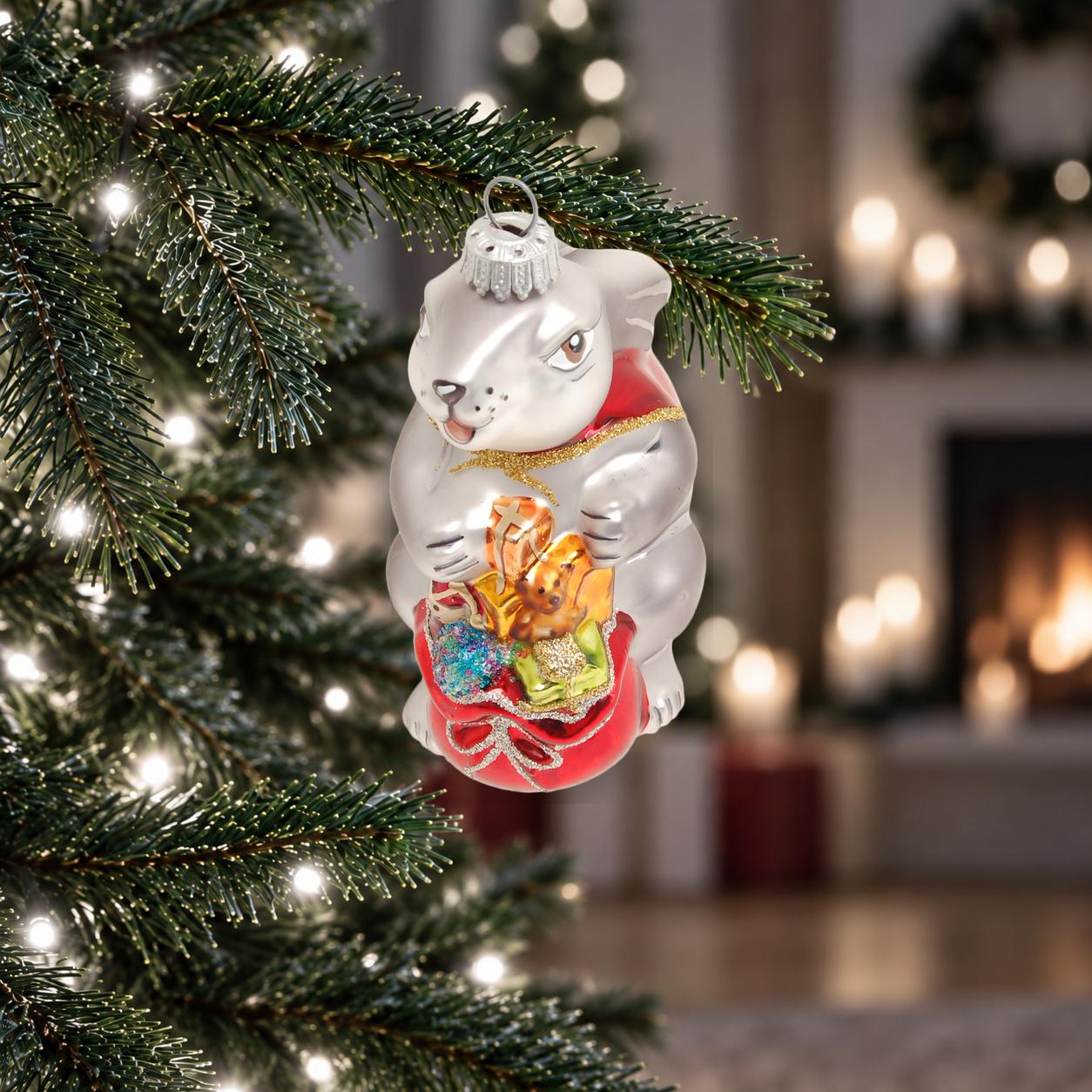 Baumschmuck Hase Paul mit Geschenkesack Grau 10cm