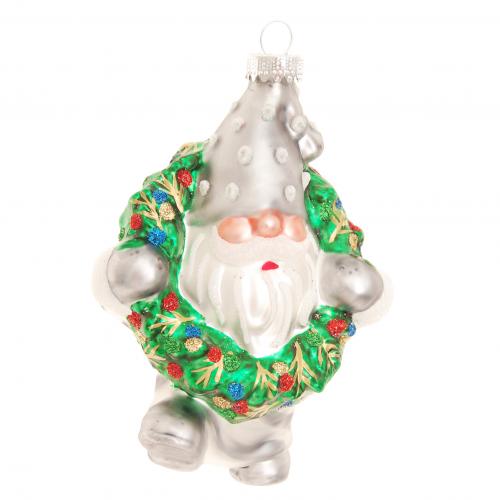 Glasornament Zwerg mit Weihnachtskranz silver satin/grn