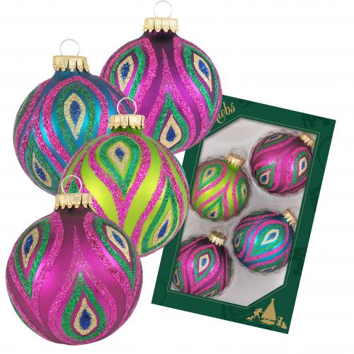 Beerenfarbig 7cm Glaskugel handdekor Pfauendesign mit Glitter