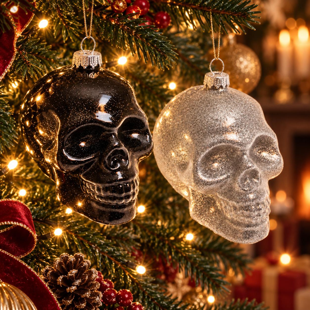 Baumschmuck Totenkopf-Set Schwarz 9cm
