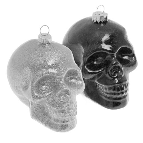 Totenkopfform 10cm mit schwarzen und silbernern Glitter, Glasornament, mundgeblasen und handekoriert