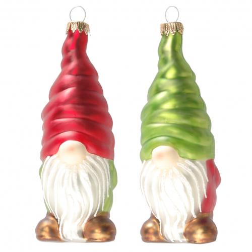 Grün/Rot 10cm Set Gnome, Glasornamente, mundgeblasen und handdekoriert
