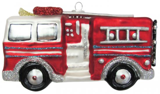 Rot/Silber 13cm Feuerwehrauto aus Glas mundgeblasen und handekoriert