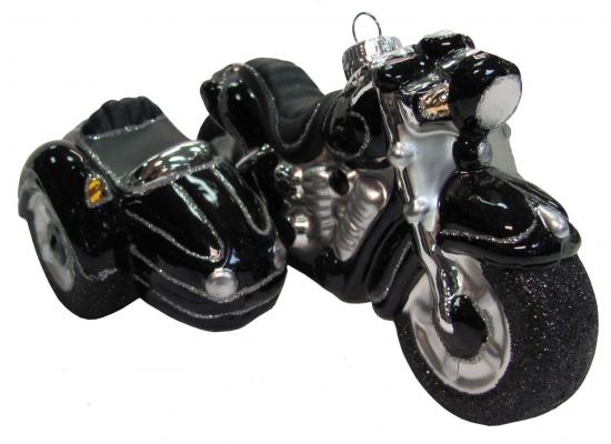 Silber/Schwarz 15cm Motorrad mit Beiwagen Glasornament mundgeblasen und handekoriert