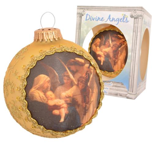 Weihnachtskugel Seidenbild Maria mit Kind und Engeln Goldfarbig 8cm