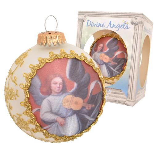 Weihnachtskugel Seidenbild Engel mit Geige Silberfarbig 8cm