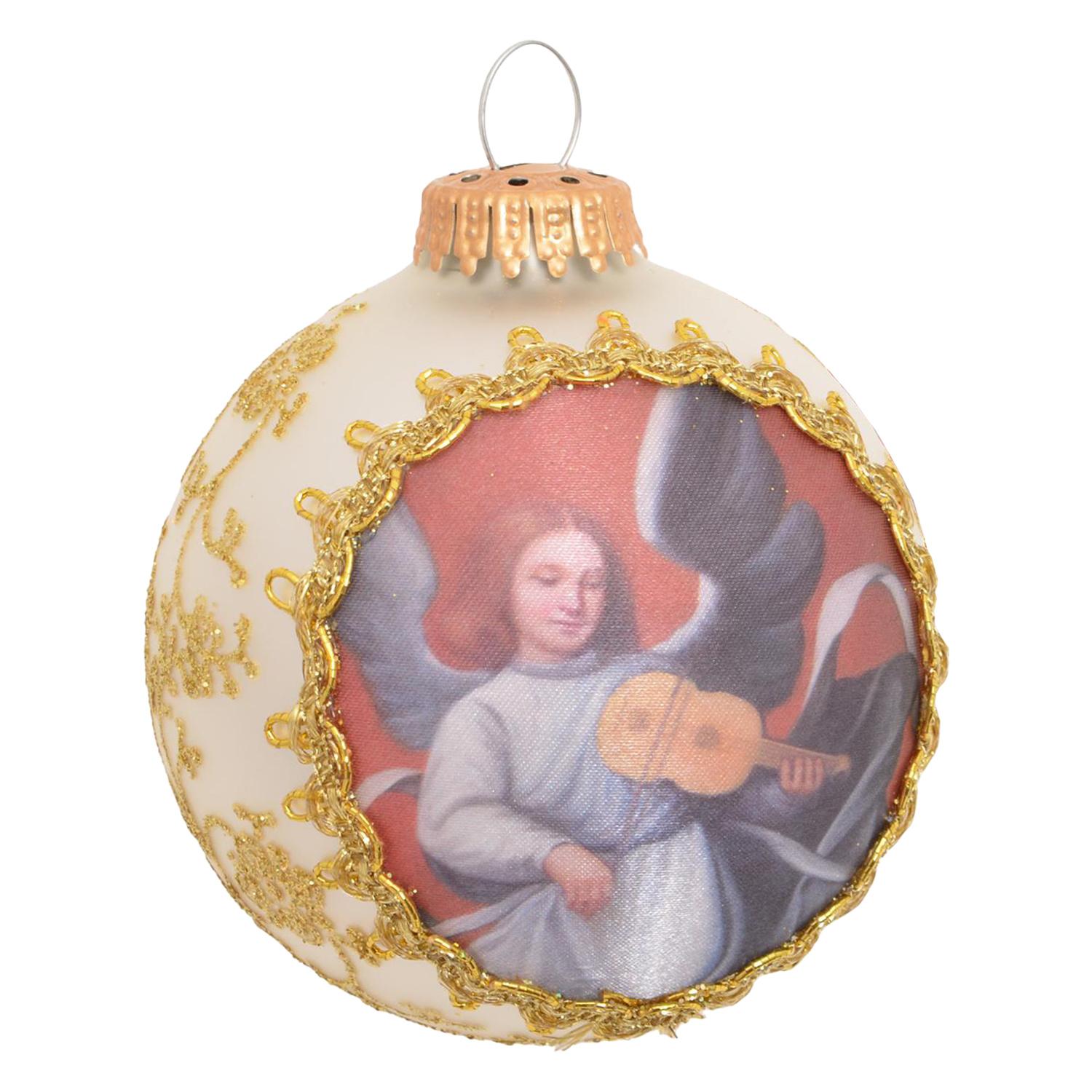 Weihnachtskugel Seidenbild Engel mit Geige Silberfarbig 8cm