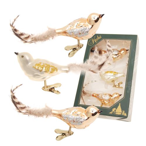 Kupfer glanz/Elfenbein matt, 11cm Vogel aus Glas auf Clip mundgeblasen, handdeko mit Federschwanz