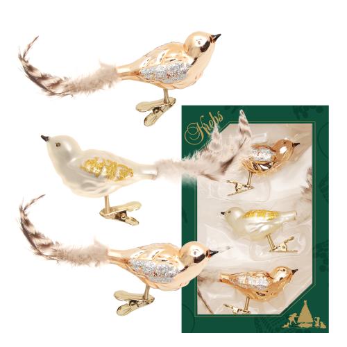 Kupfer glanz/Elfenbein matt, 11cm Vogel aus Glas auf Clip mundgeblasen, handdekoriert mit Federschwanz