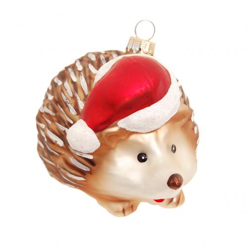 Glasornament Igel mit Weihnachtsmtze, Braun/Rot/Wei, 10cm
