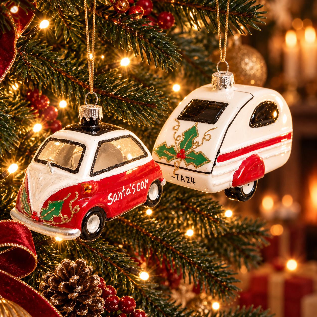 Baumschmuck Santas Auto und Anh�nger Wei� 10cm