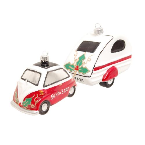 Glasornament Santa Auto & Anhnger Set, Rot/Weiss Glanz, 8cm