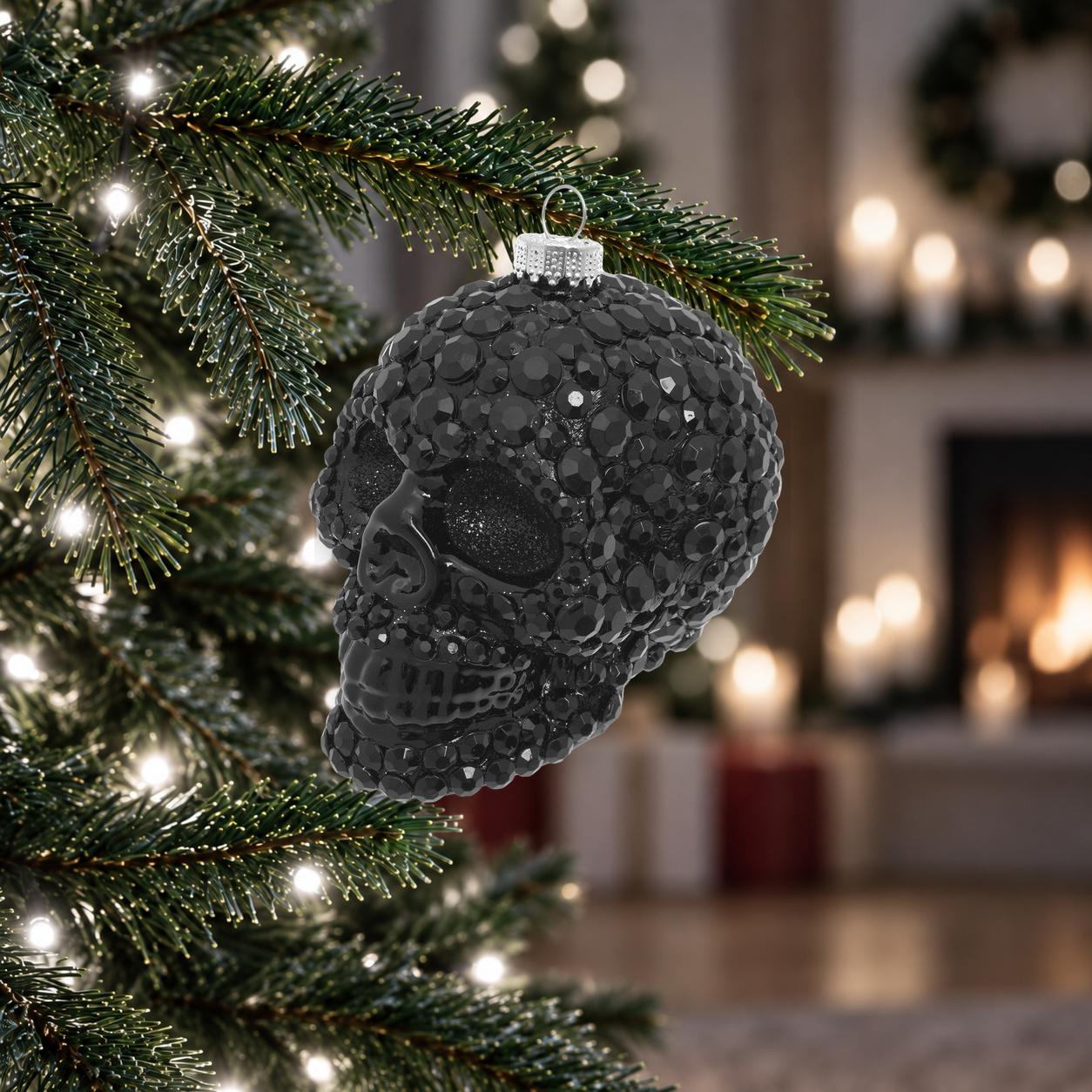 Baumschmuck Totenkopf mit Strasssteinen Schwarz 9cm