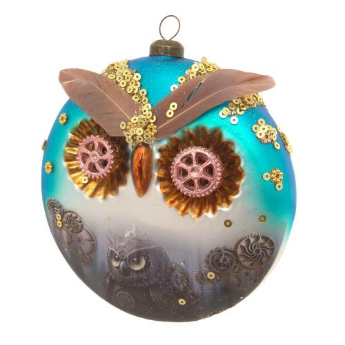 Steampunk Eulen-Taler, Silber/Blau, 12cm