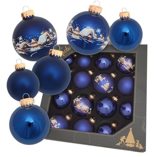 Kugelsortiment Verschneites Dorf, Cobalt Blau Glanz/Matt, 5-8cm