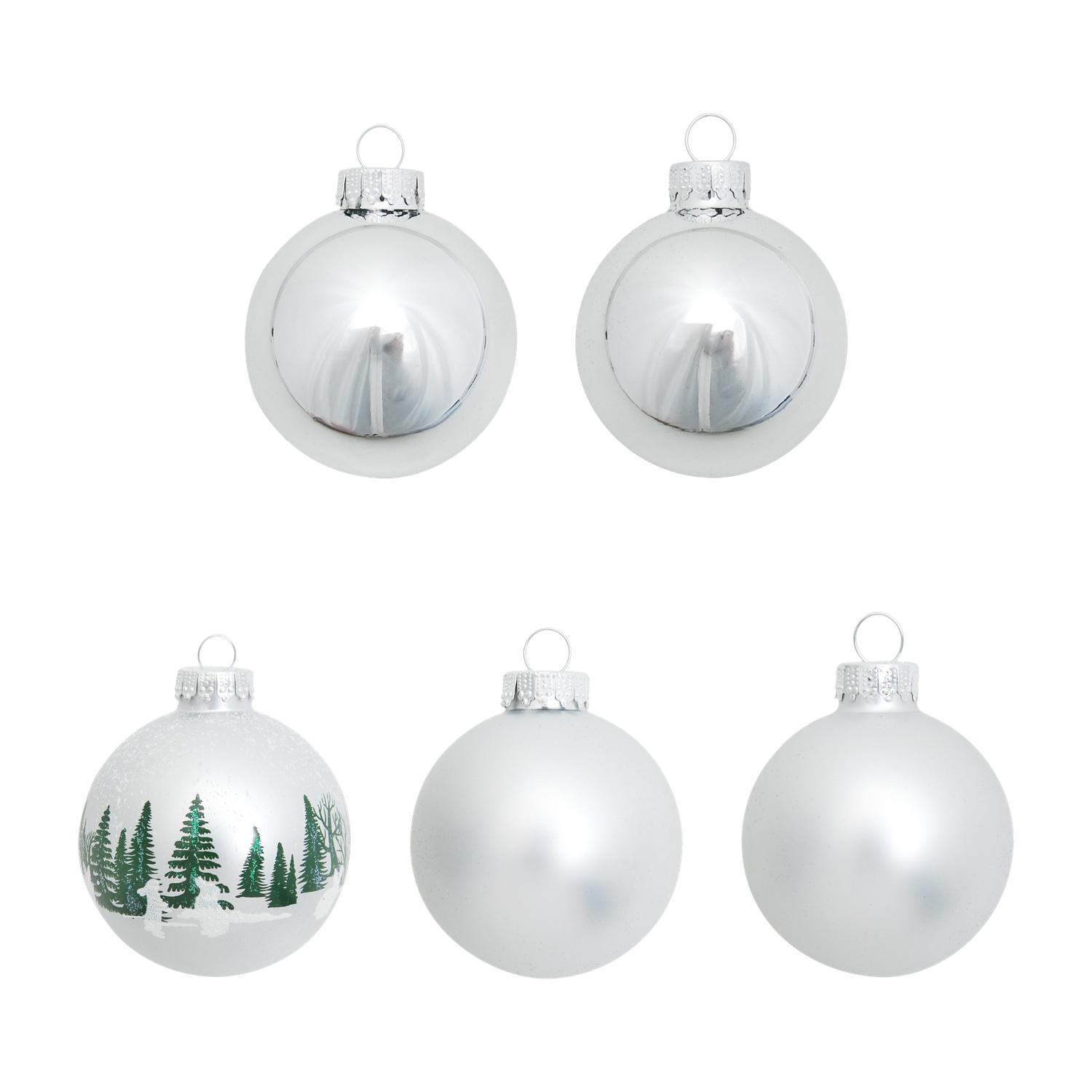 Weihnachtskugeln Winterwald und Hasen Silberfarbig 7cm