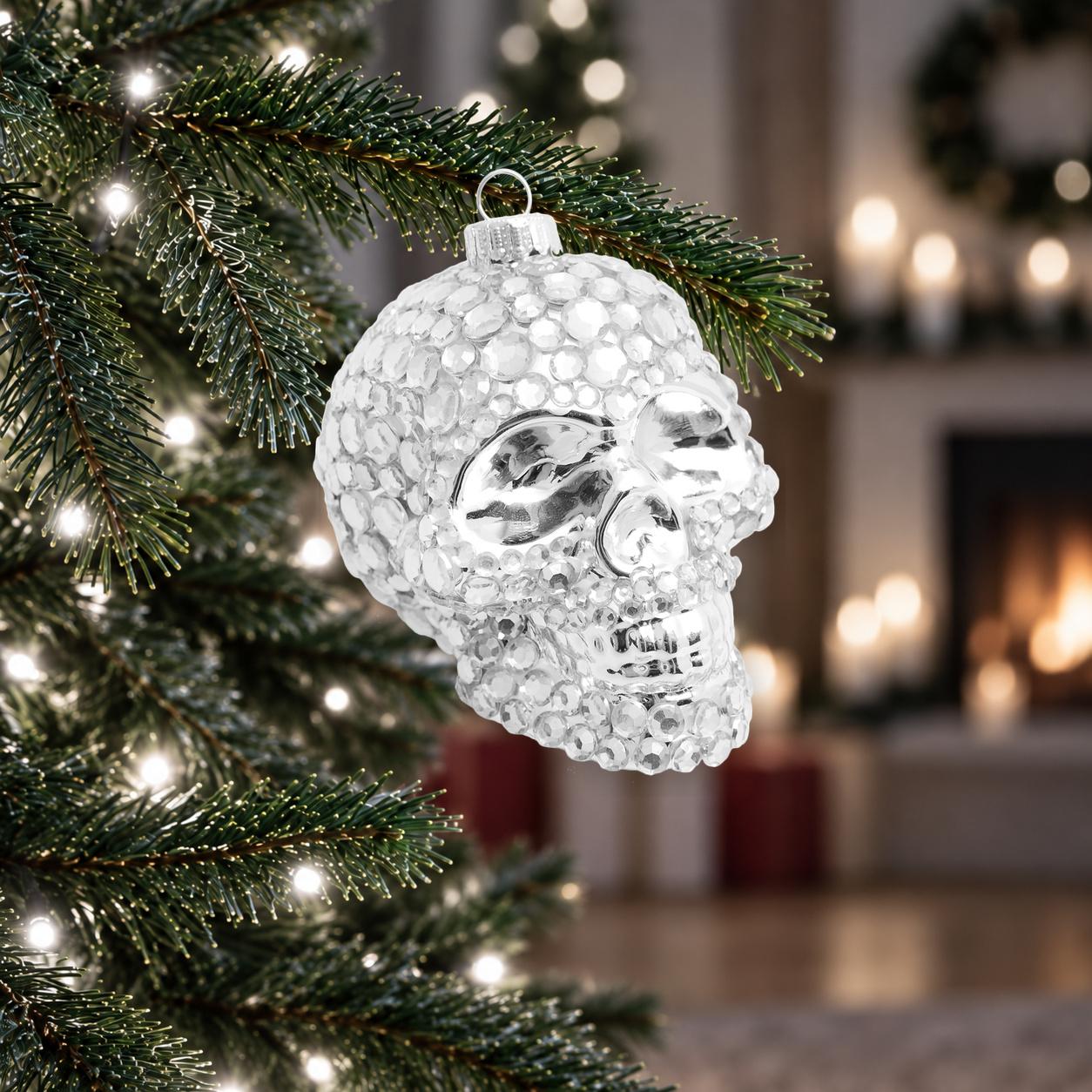 Baumschmuck Totenkopf mit Strasssteinen Silberfarbig 9cm