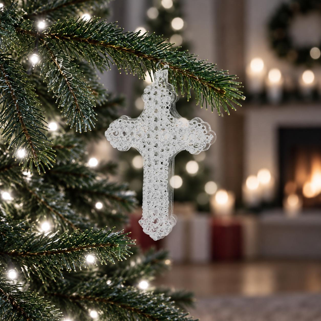 Baumschmuck Kreuz mit Strasssteinen Silberfarbig 10cm
