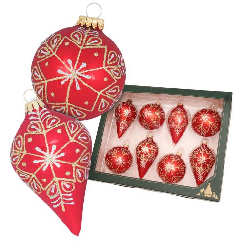 Rot matt 7cm Kugel- und 10cm Tropfensortiment aus Glas mundgeblasen und handdekoriert mit Schneekristall und Glitter