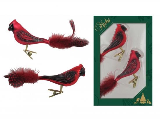 Rot 15cm Glasvogel Kardinal auf Clip mundgeblasen, handekoriert mit 6cm Federschwanz