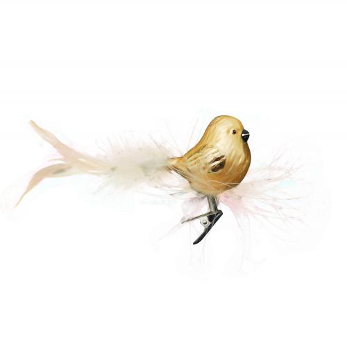 Gold matt 15cm Glasvogel auf Clip mit Federschwanz im Federnest mundgeblasen und handdekoriert