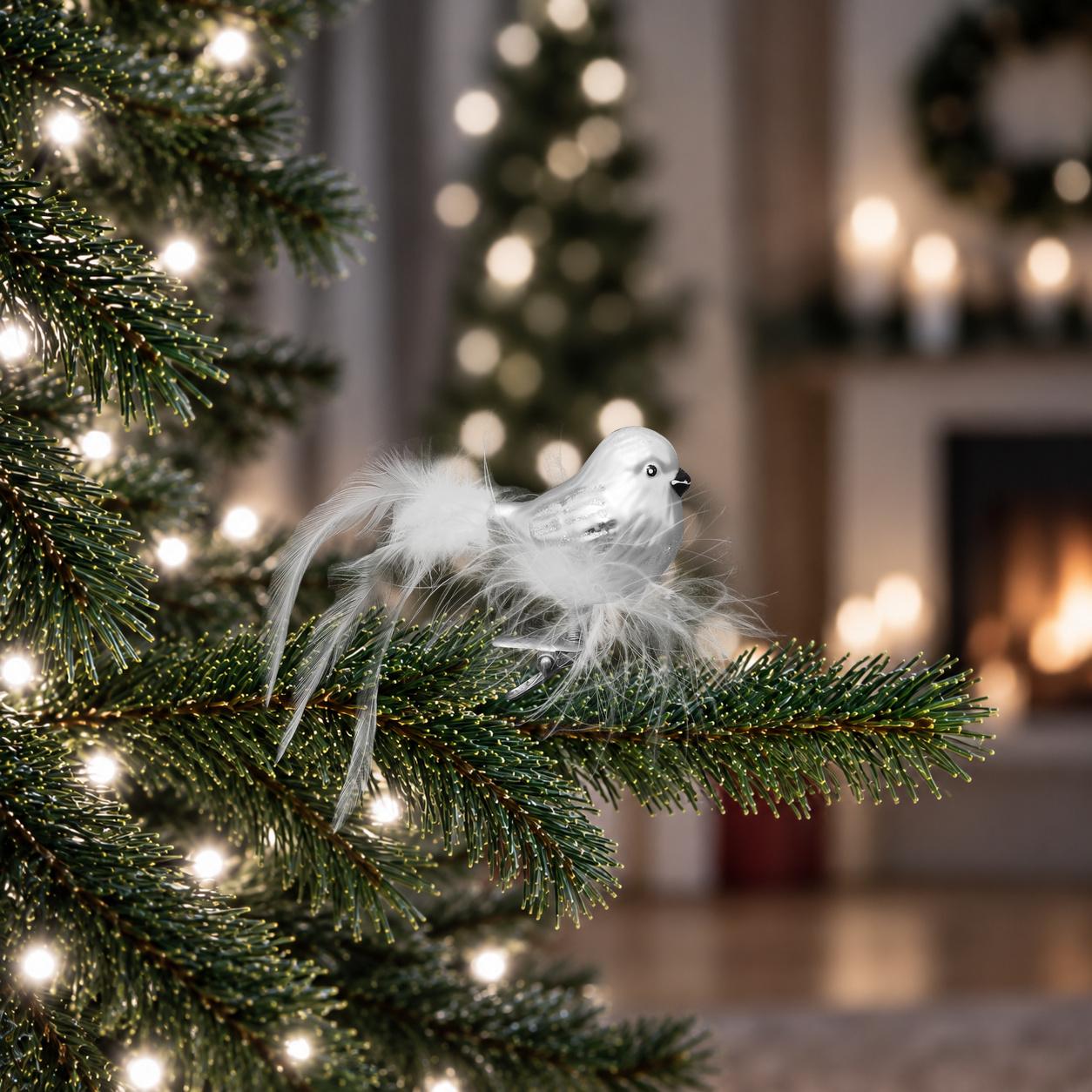 Baumschmuck Vogel mit Federnest Silberfarbig 6cm