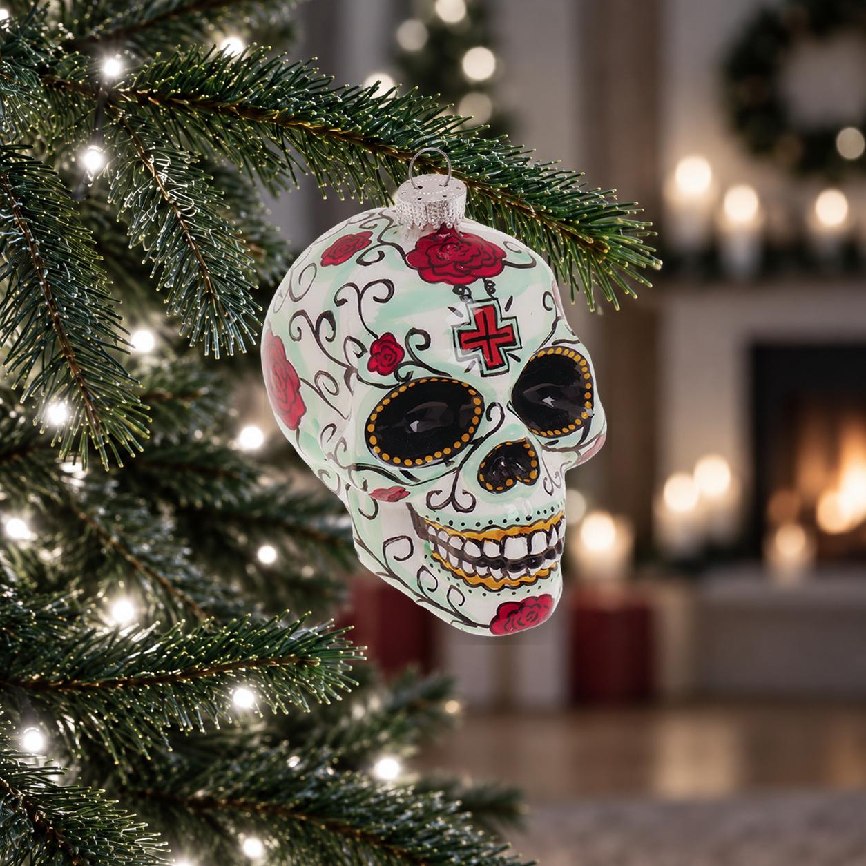 Baumschmuck Totenkopfform Rosen Wei� 9cm
