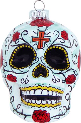Totenkopfform 10cm mit Rosen-Dekoration, Glasornament, mundgeblasen und handekoriert