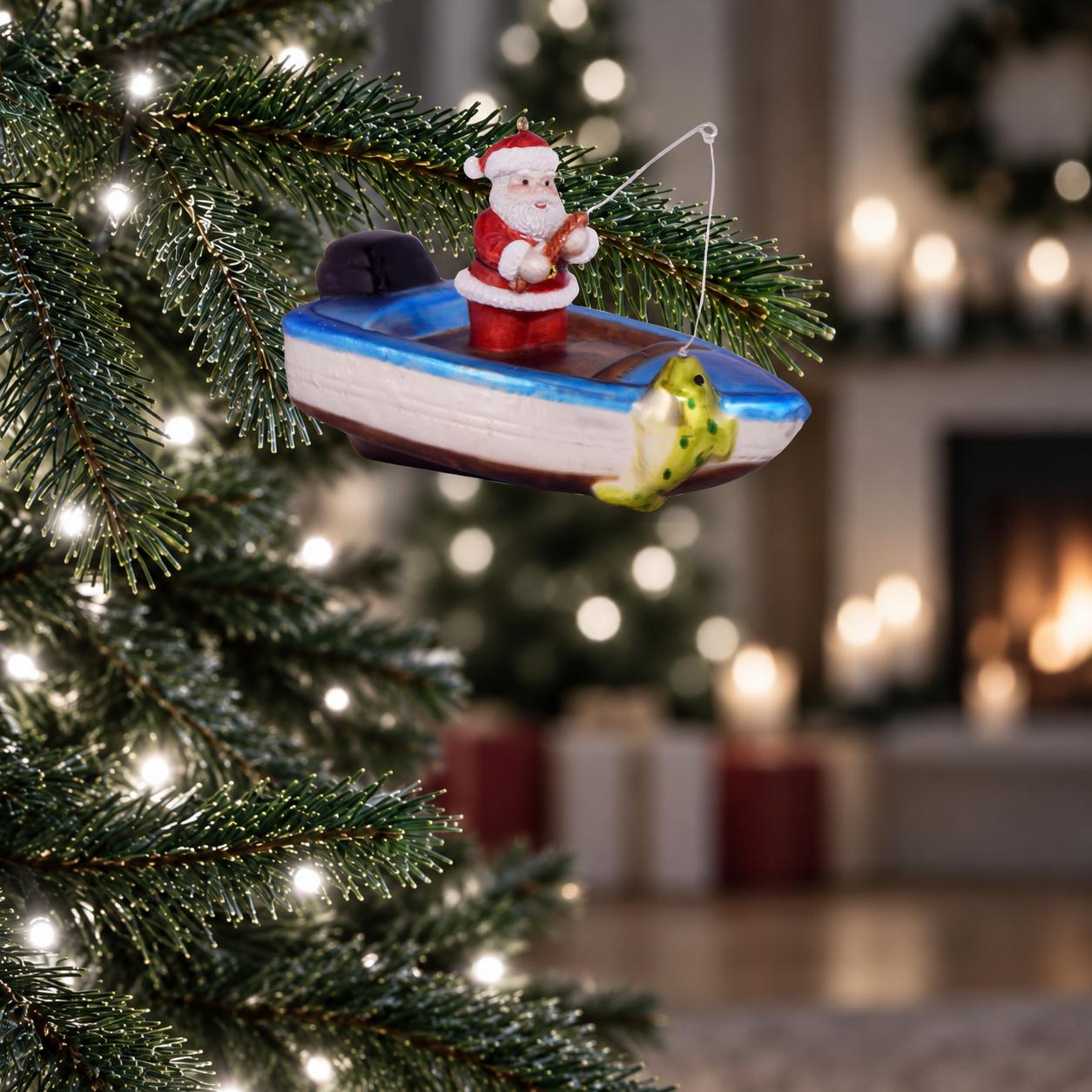 Baumschmuck Fischerboot mit Weihnachtsmann Mehrfarbig 13cm