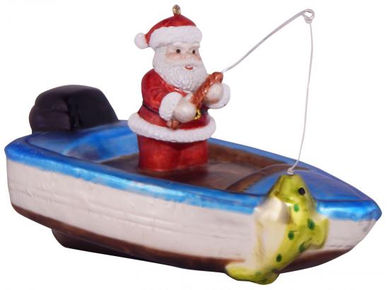 Fischerboot 8cm mit Weihnachtsmann, Glasornament, mundgeblasen und handekoriert