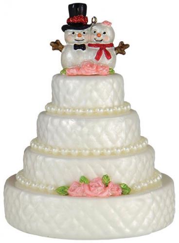 Hochzeitstorte mit Schneemann 13cm, Glasornament, mundgeblasen und handekoriert